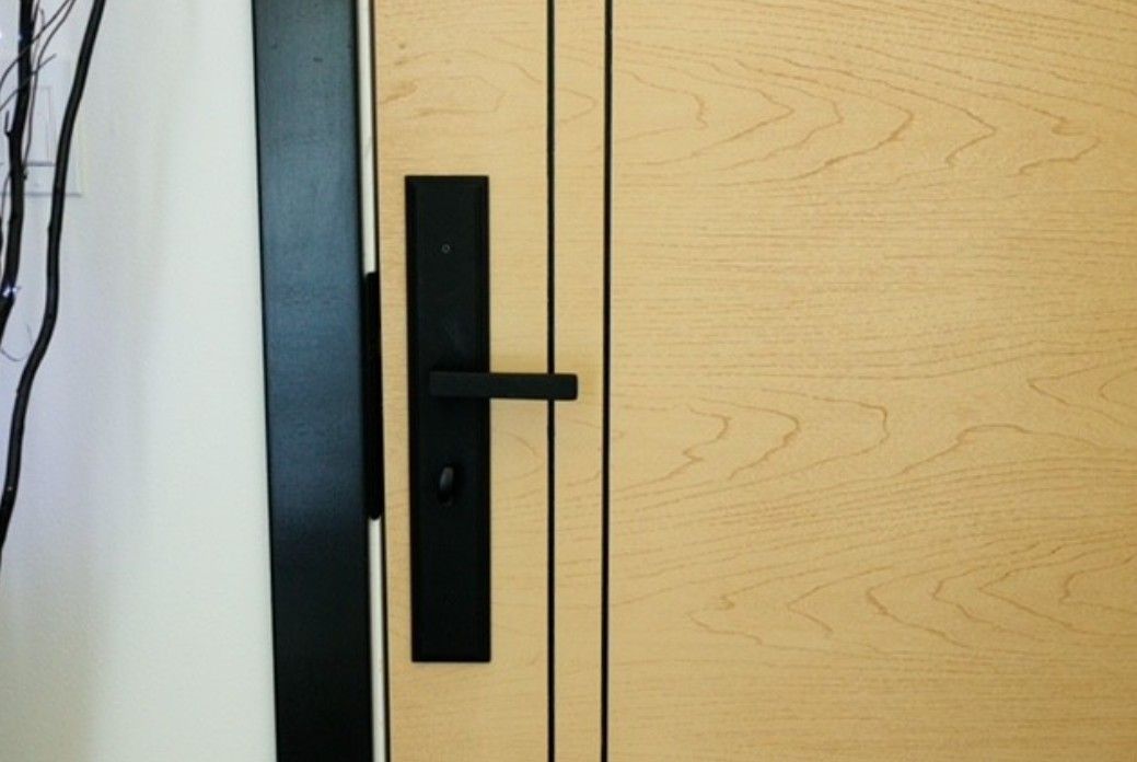 Black door handle and lock on a light wood door with a dark frame.
