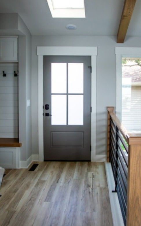 Bright entry hallway with a dark front door, light wood floor, and railing beside a window.
