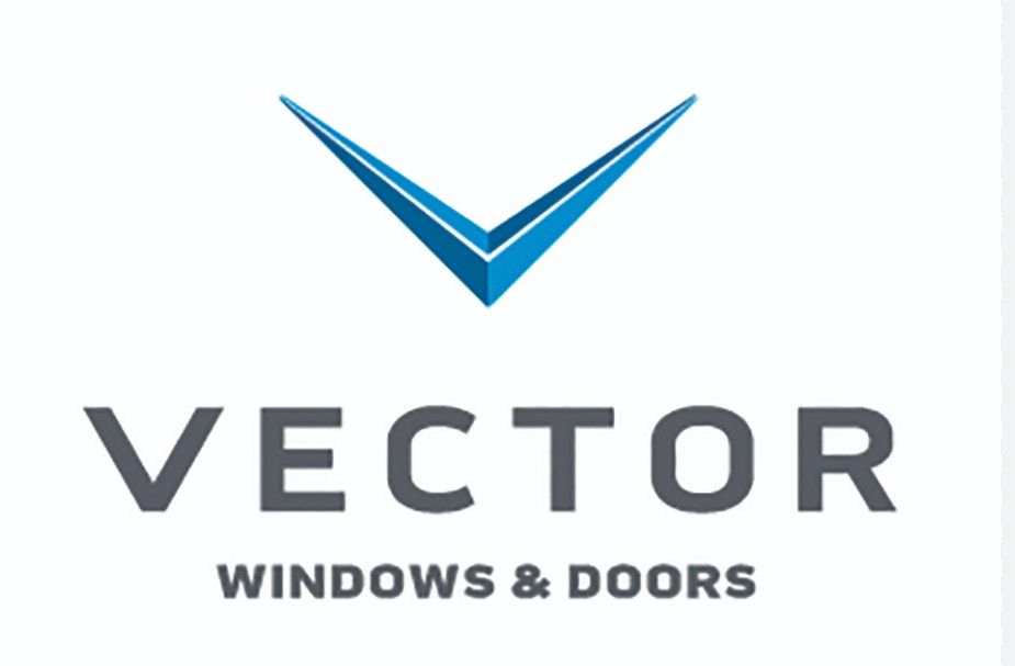 Vector Windows & Doors logo with blue V-shaped icon and gray text