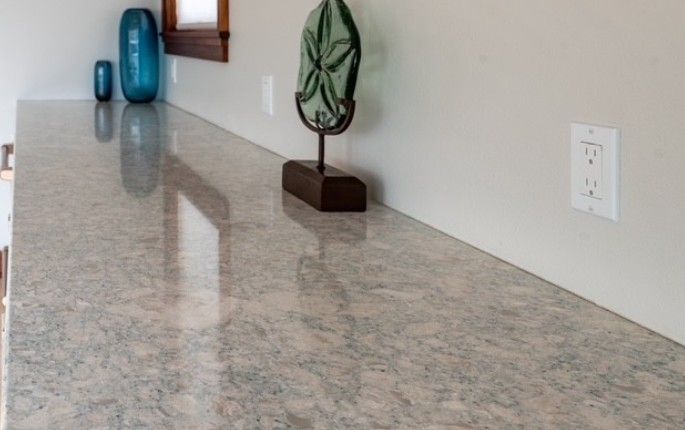 Modern kitchen countertop with  decorations along wall
