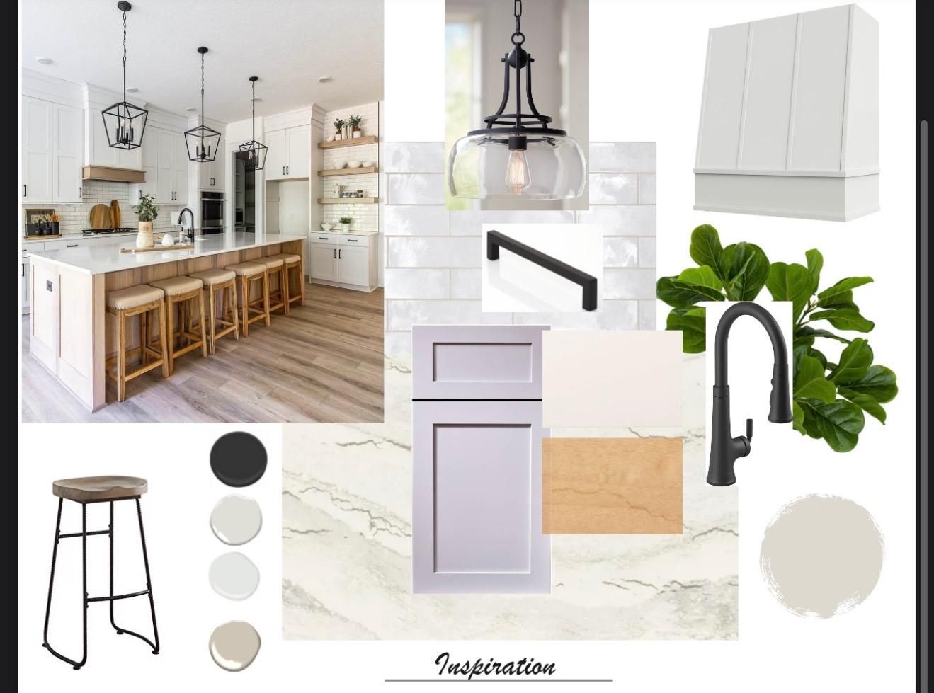 Kitchen design mood board: white cabinets, black hardware, marble countertops, wooden island, pendant lights.