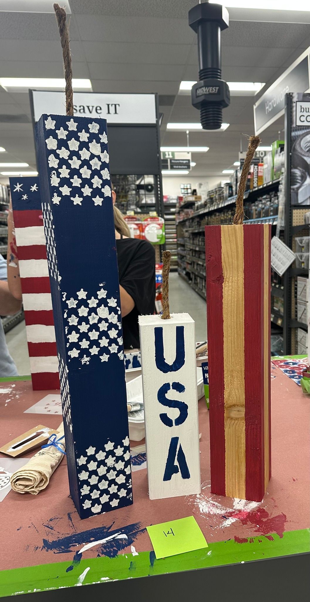 Patriotic wooden block decorations, painted with American flag motifs and 