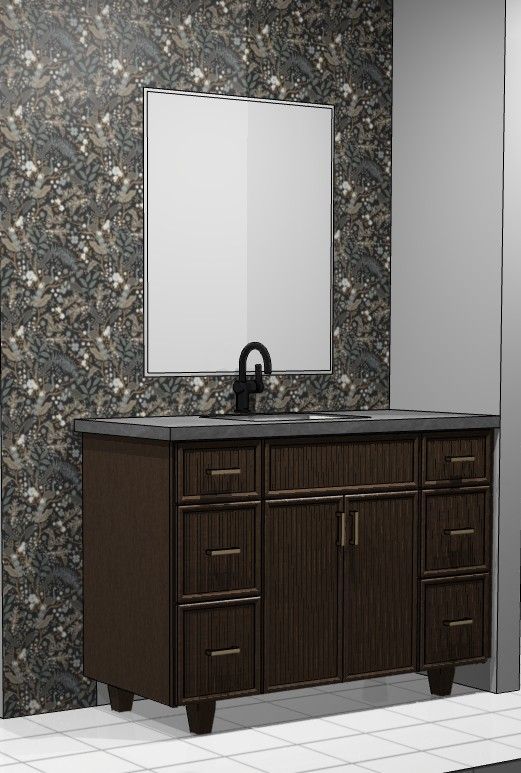 Bathroom vanity with a dark wood cabinet, gray countertop, and patterned wallpaper.