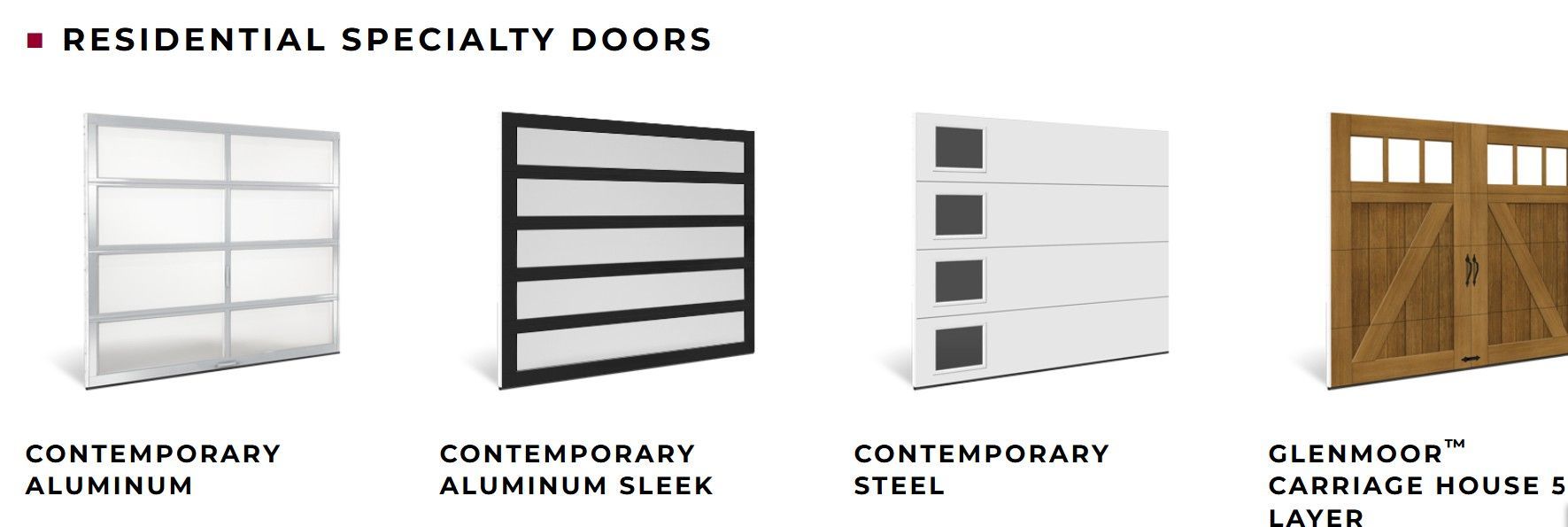 Four distinct styles of residential garage doors, ranging from modern aluminum and steel to traditional wooden carriage.