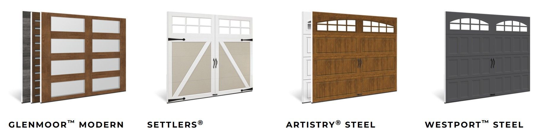 Four distinct styles of garage doors displayed in a row, labeled Glenwood Modern, Settlers, Artistiv Steel, and Westpost Steel.