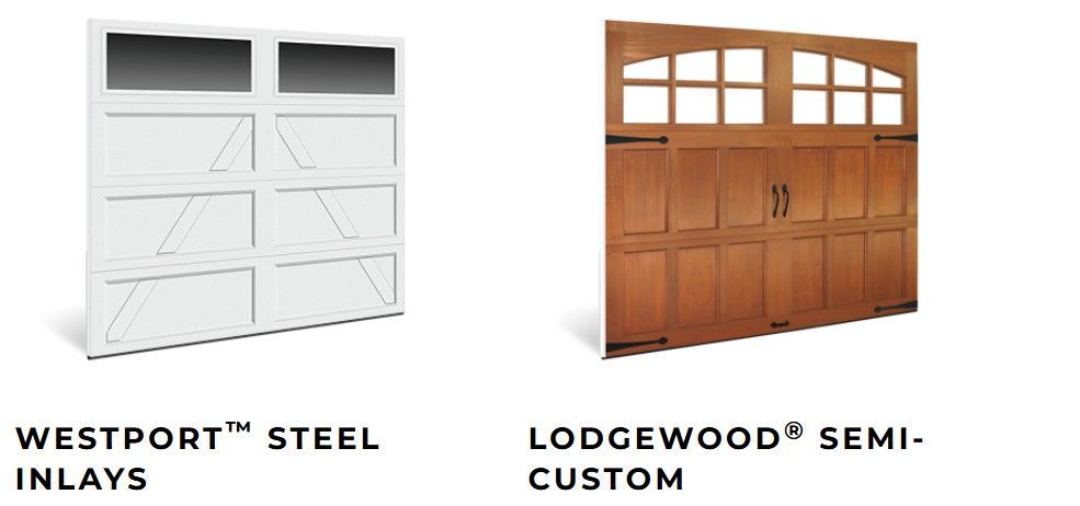 Side-by-side product images of a white steel garage door and a wood-tone carriage-style semi-custom garage door.