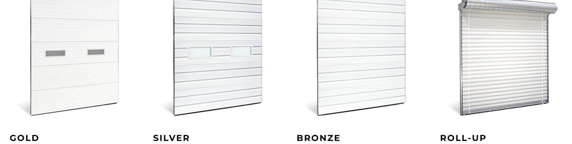 Four different garage door styles labeled Gold, Silver, Bronze, and Roll-up arranged in a horizontal row.