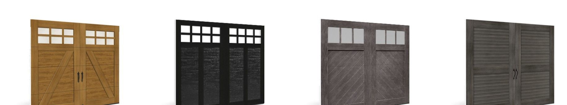 Four different styles of wooden double gates, ranging from natural wood to black and grey finishes, on a white background.