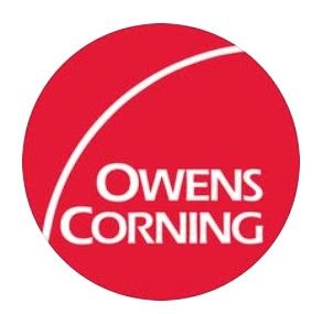 The red circular logo for Owens Corning, featuring the company name in white text with a curved white line.