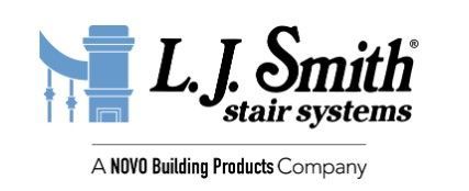The logo for L.J. Smith Stair Systems, including a blue stylized newel post and text identifying a NOVO company.