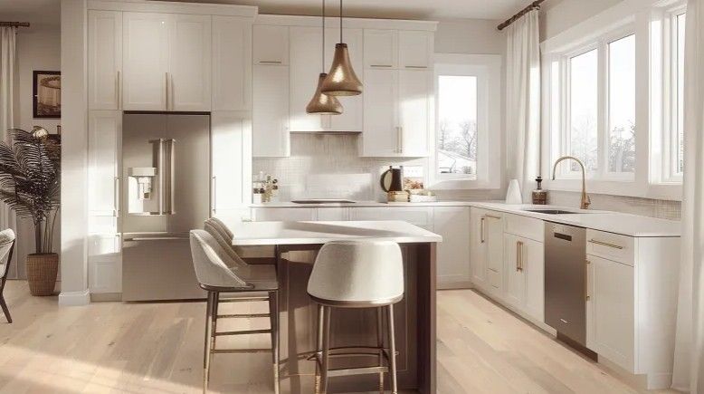 A bright, modern bathroom with light wood cabinets, white walls, white tile floors, and a glass-enclosed shower.