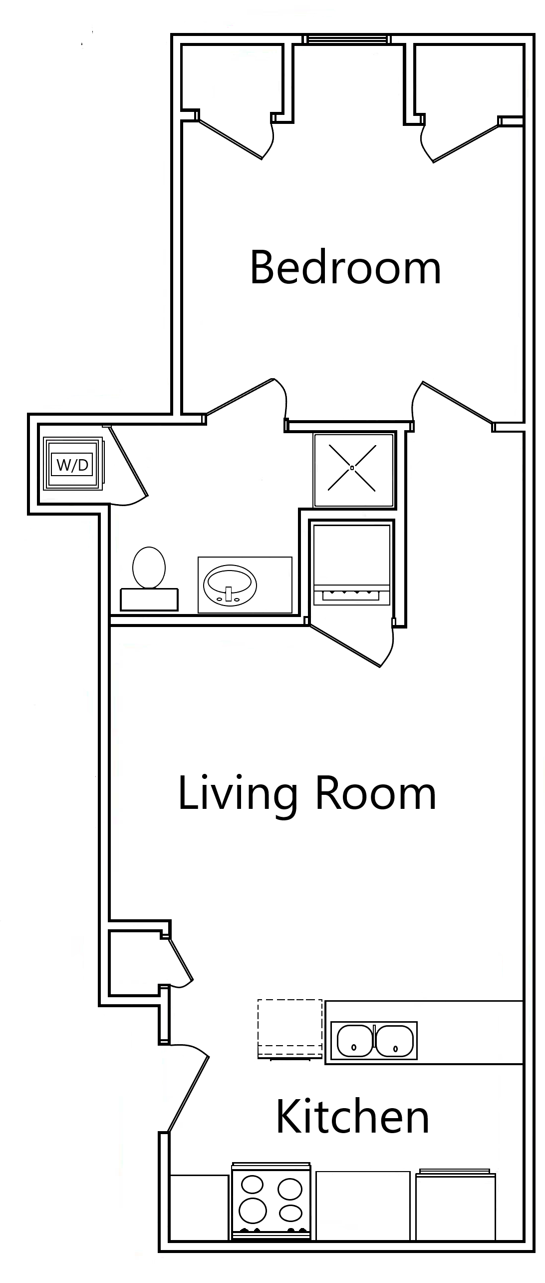 A black and white floor plan of a bedroom, living room, and kitchen.