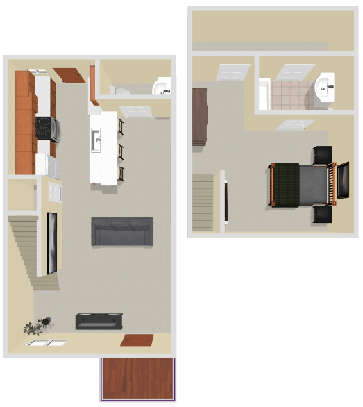 A floor plan of a house with a bedroom, living room, and kitchen.