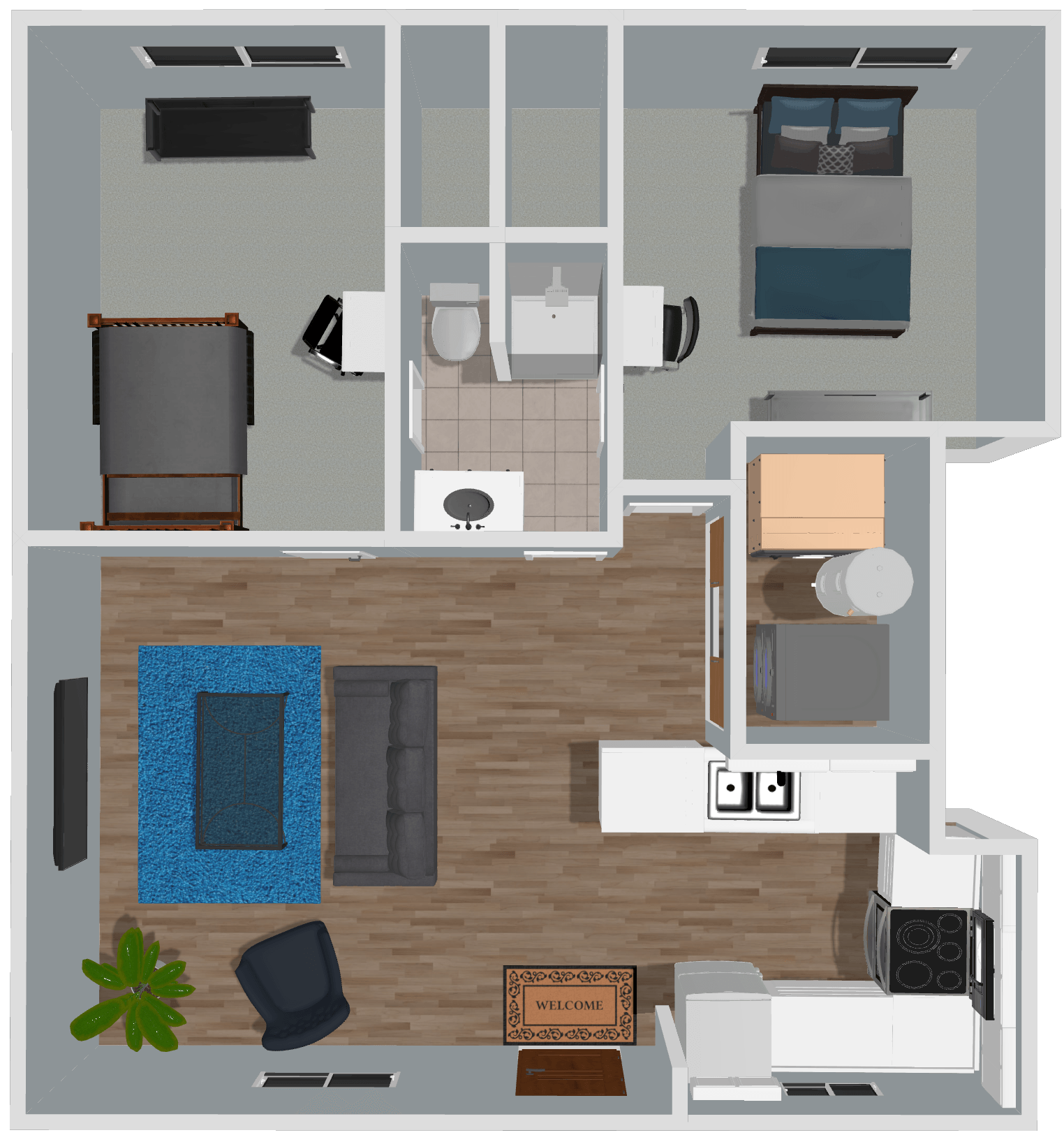 An aerial view of a floor plan of a house.