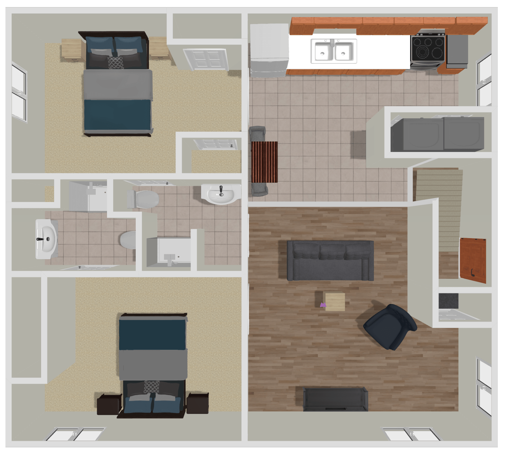 A floor plan of a house with a bedroom, living room, and kitchen.