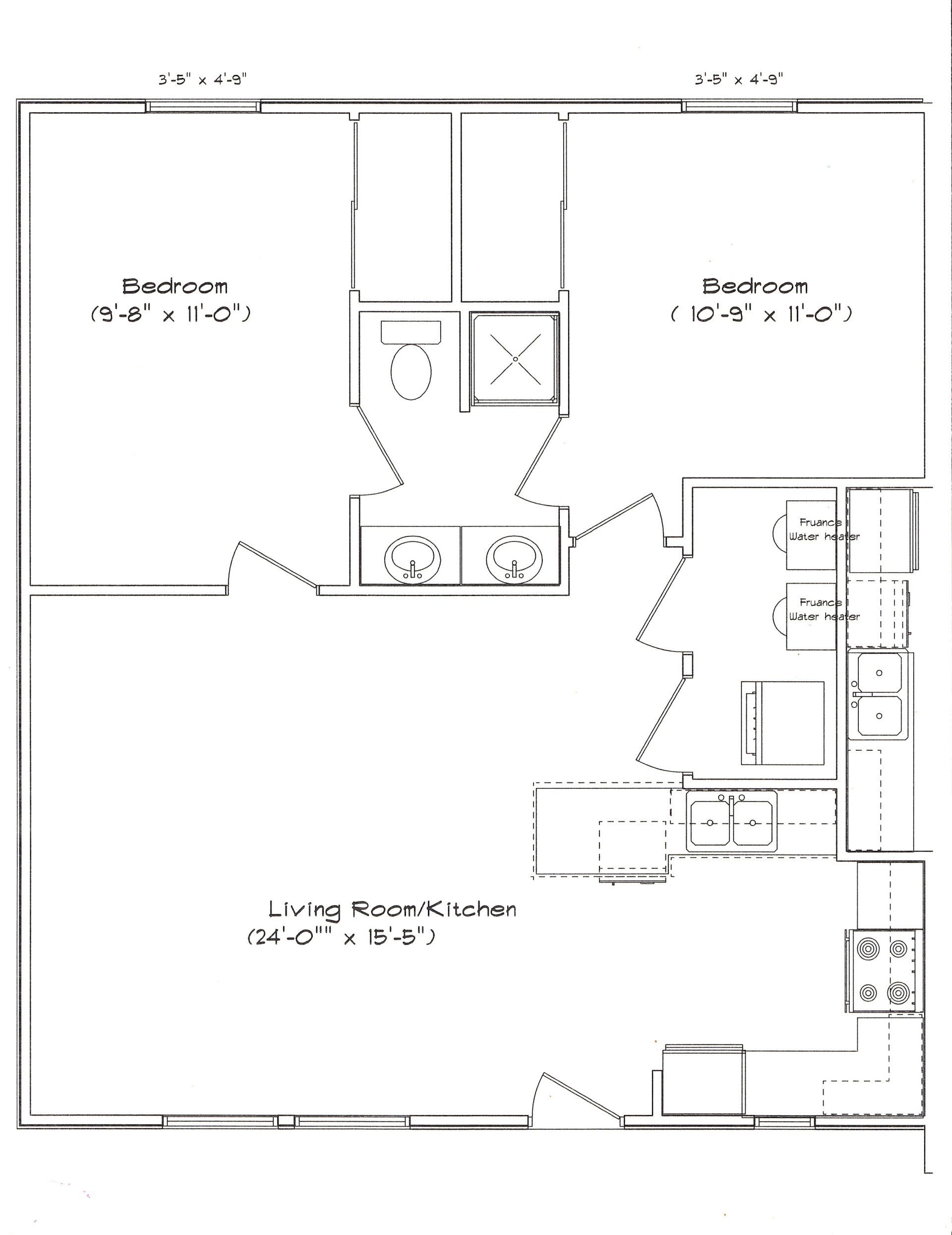 A black and white floor plan of a house with two bedrooms and a kitchen.