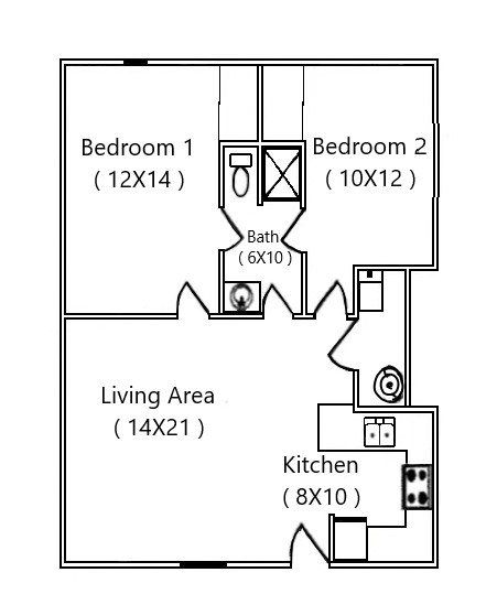 A black and white floor plan of a house with two bedrooms and a living area.