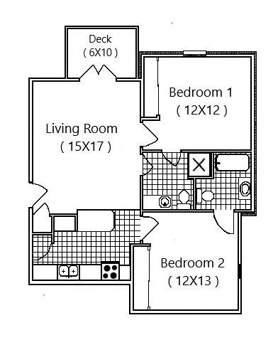 A black and white floor plan of a house with two bedrooms and a living room.
