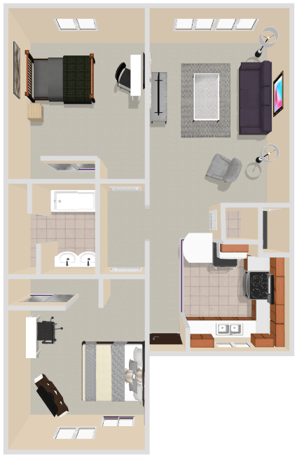 A floor plan of a house with a bedroom, living room, and kitchen.