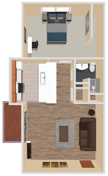 A floor plan of a house with a bedroom, living room, and kitchen.