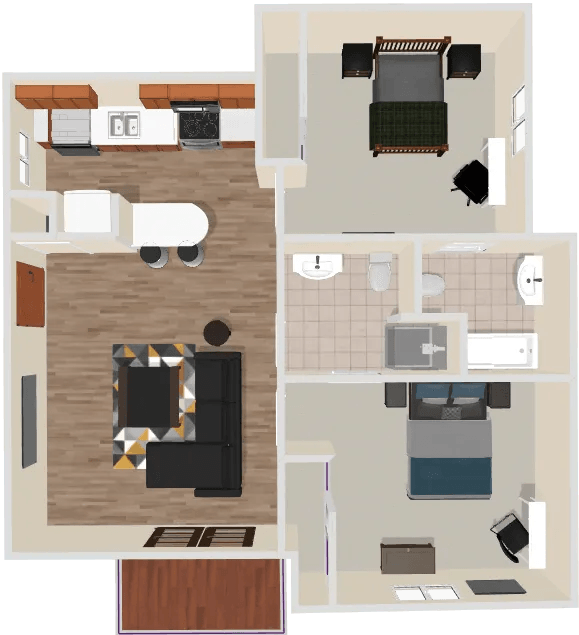 A floor plan of a house with a bedroom, living room, and kitchen.