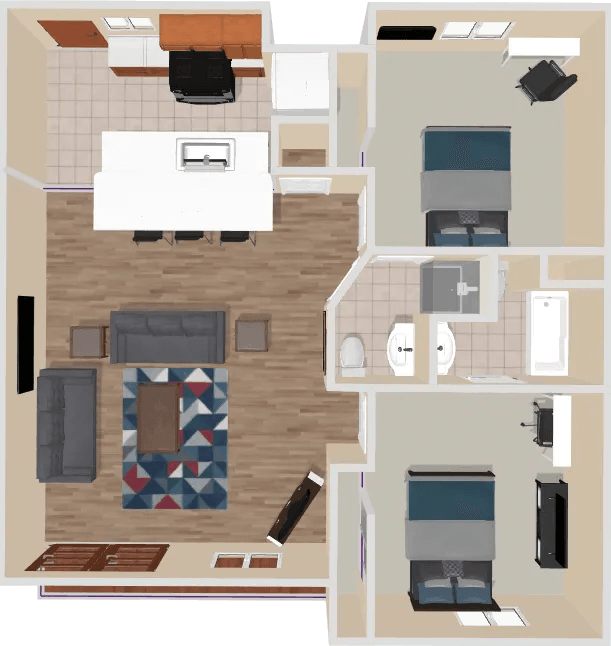 An aerial view of a floor plan of a house.