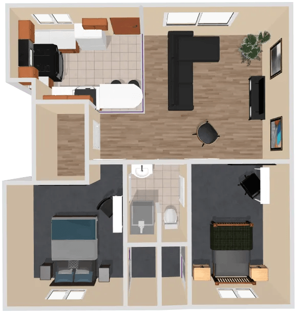 A floor plan of a house with a bedroom, living room, and kitchen.