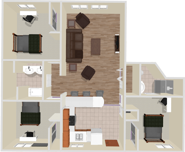 A floor plan of a house with a couch, chairs, and a television.