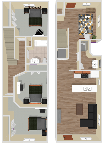 A floor plan of a house with two bedrooms and a living room.