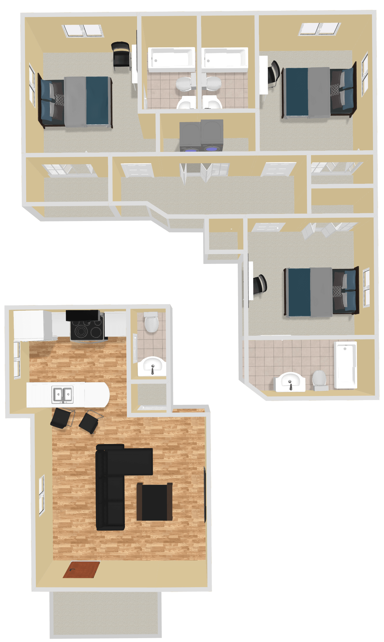 A floor plan of a house with three bedrooms and a living room.