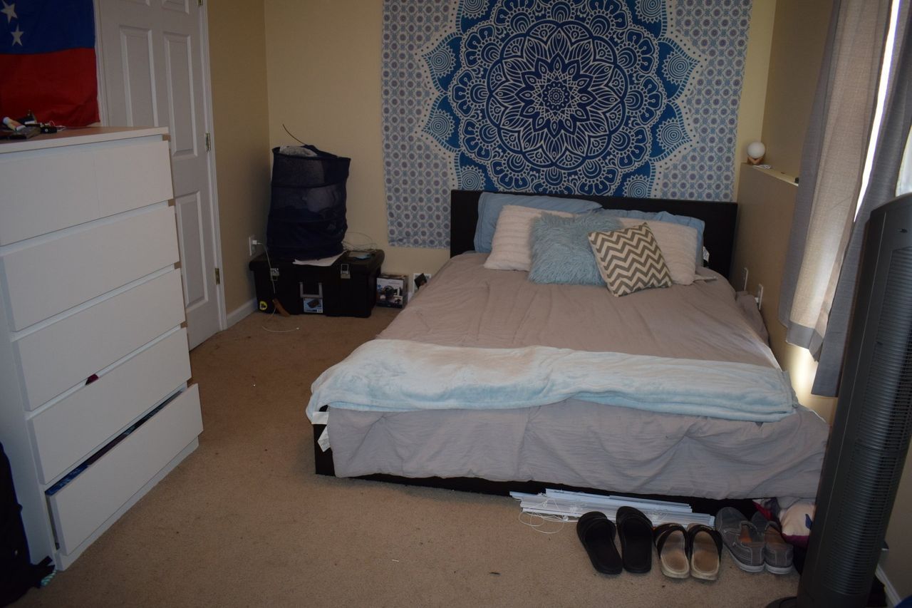 A bedroom with a bed a dresser and a TV.