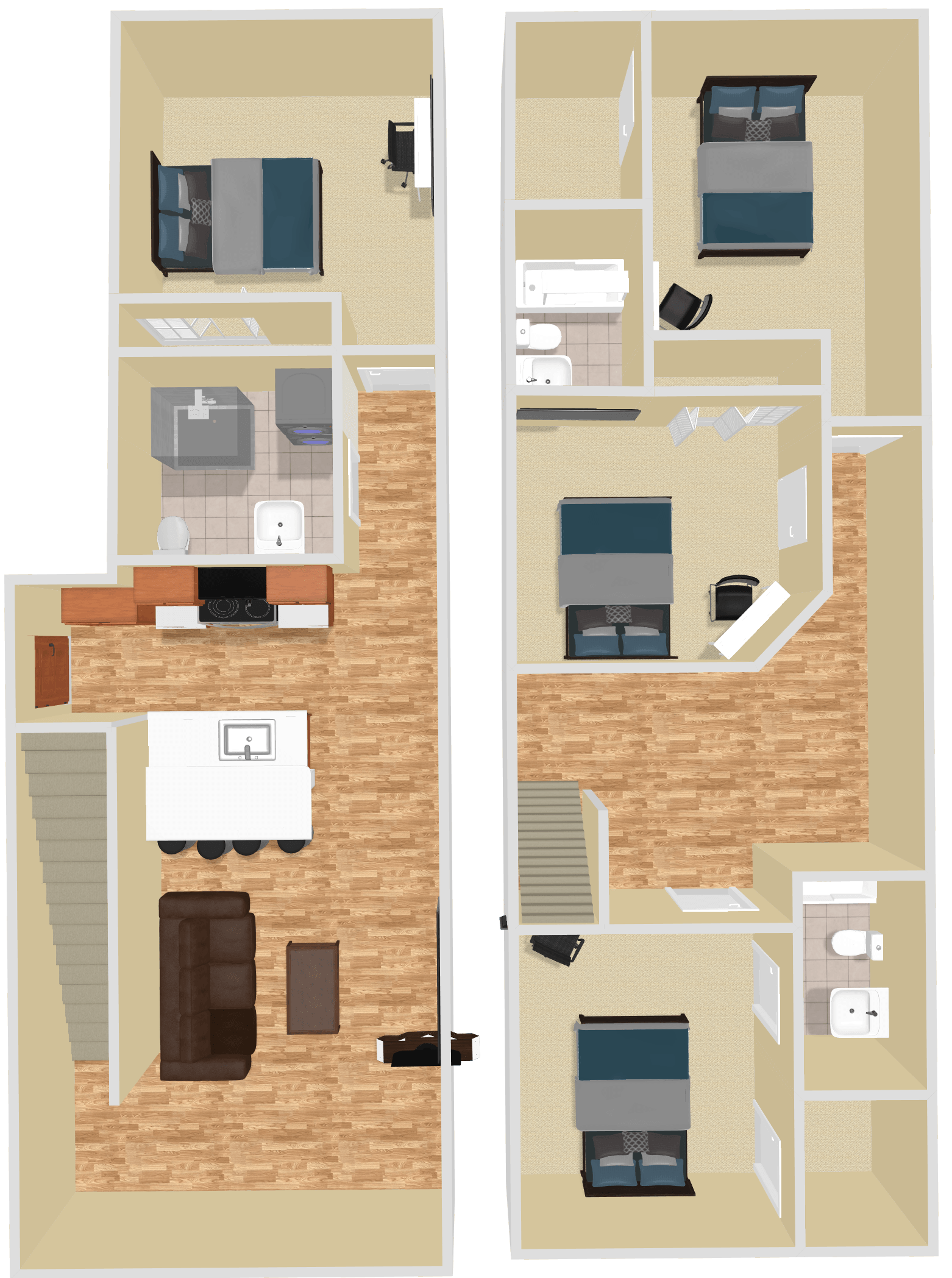 A floor plan of a house with two bedrooms, a living room, and a kitchen.