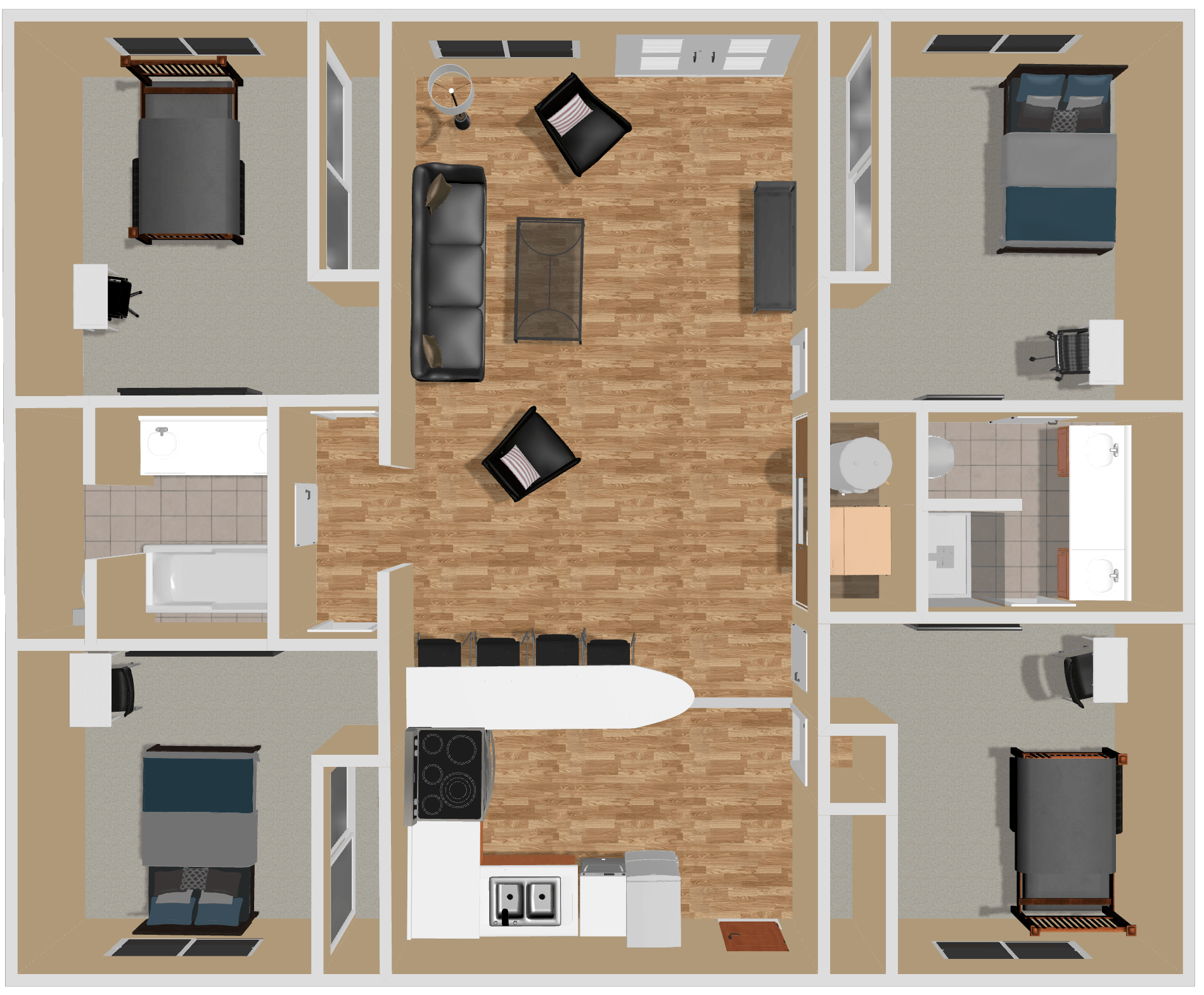 An aerial view of a floor plan of a house.