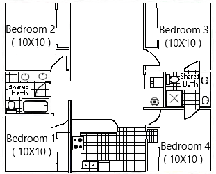 A black and white floor plan of a house with three bedrooms and a shared bathroom.