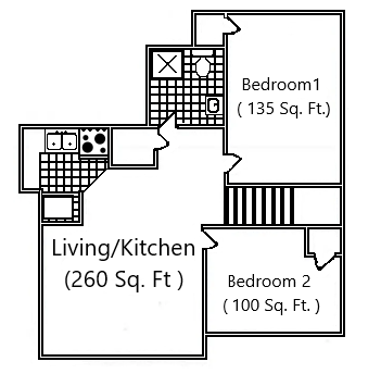A black-and-white floor plan of a two-bedroom apartment.