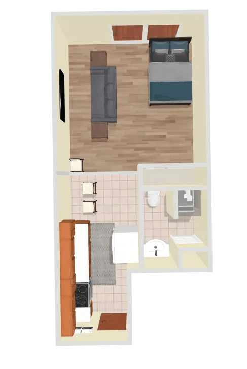 A floor plan of a small apartment with a bedroom, living room, and bathroom.
