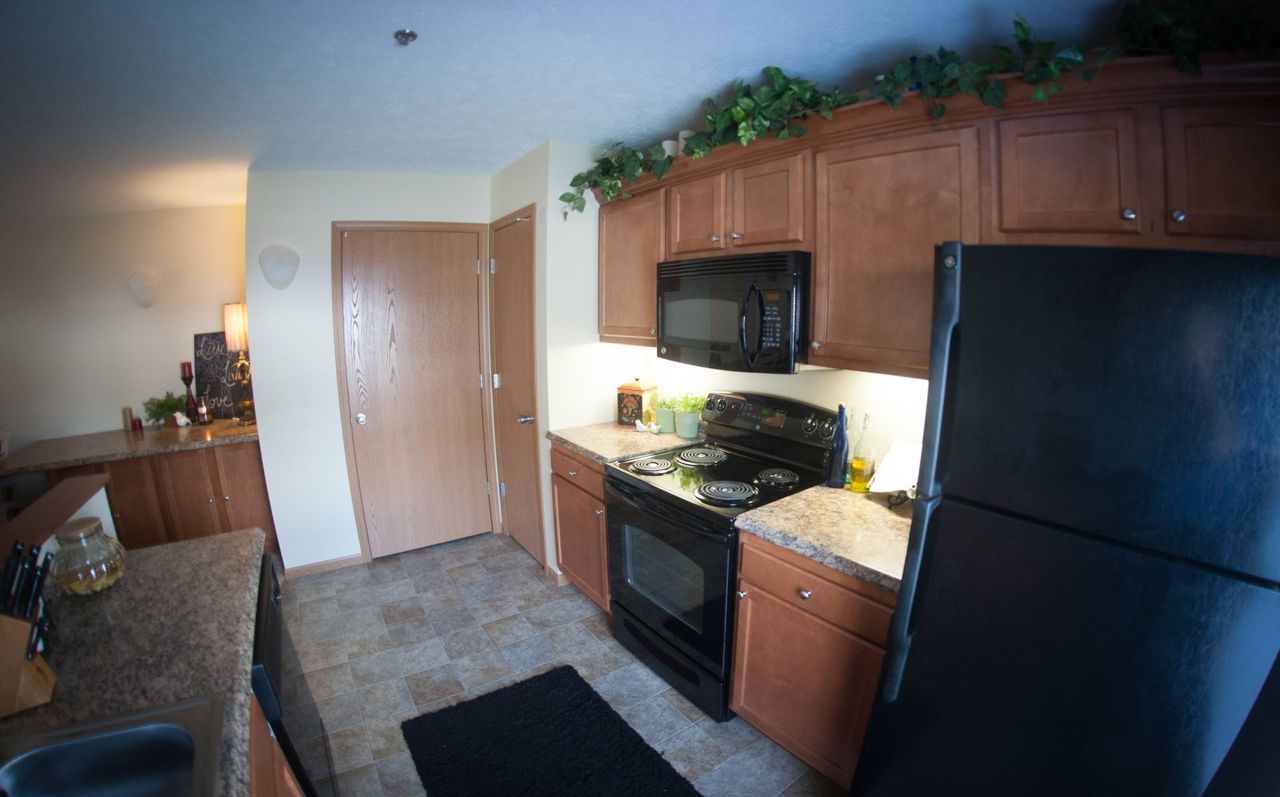 A kitchen with a black refrigerator, stove, microwave, and cabinets.
