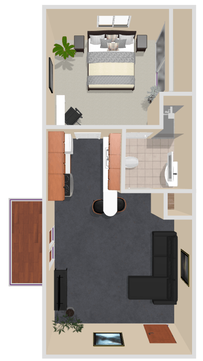 A floor plan of a small apartment with a bedroom, living room, and bathroom.