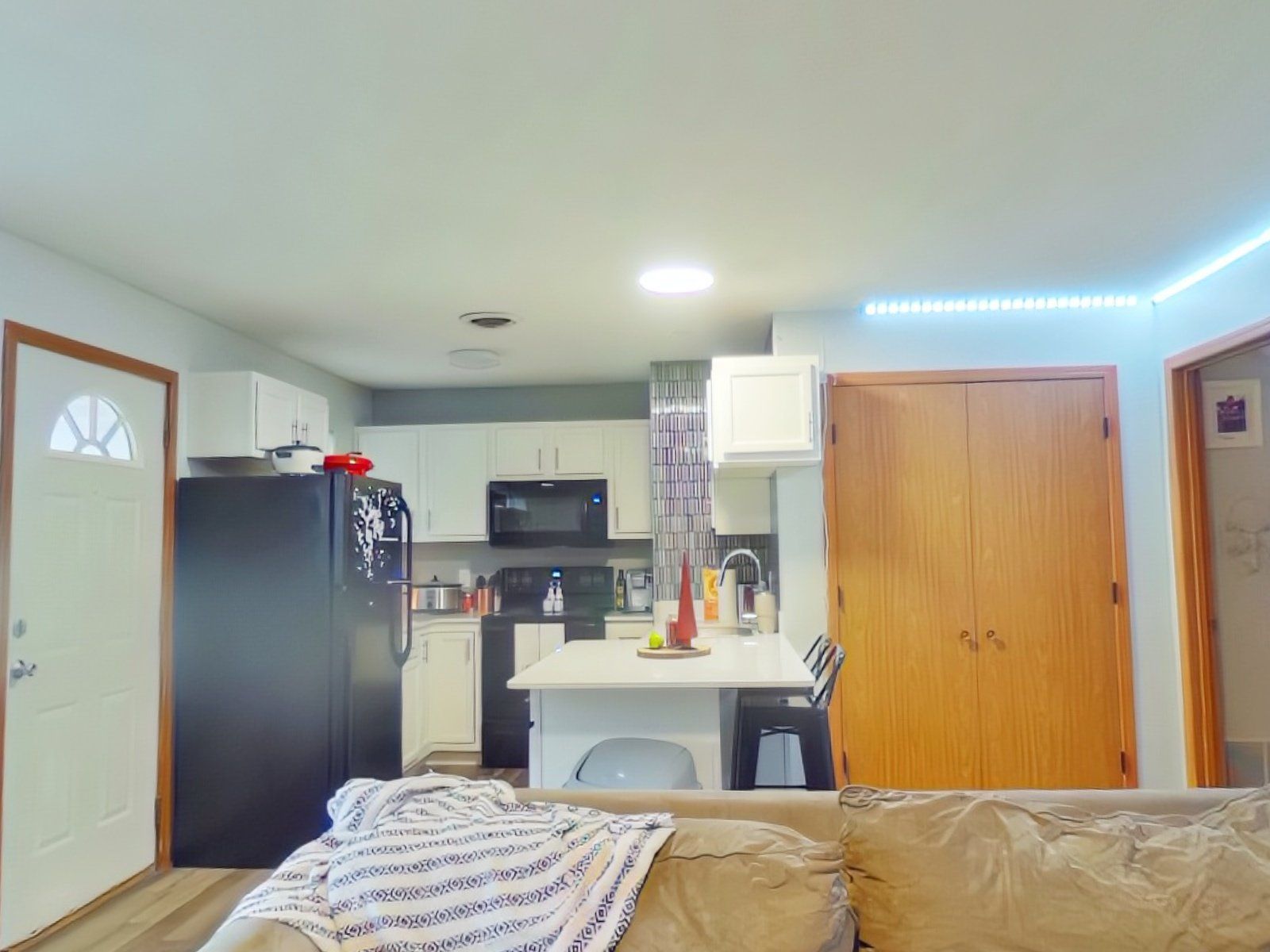A living room with a couch and a kitchen in the background.