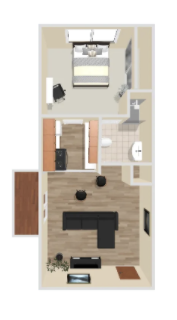 A floor plan of a small apartment with a bedroom, living room, and bathroom.