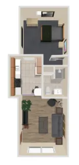 An aerial view of a floor plan of a small apartment.