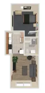 An aerial view of a floor plan of a small apartment.