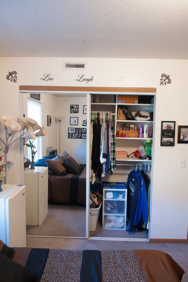 A living room with a closet and a couch.