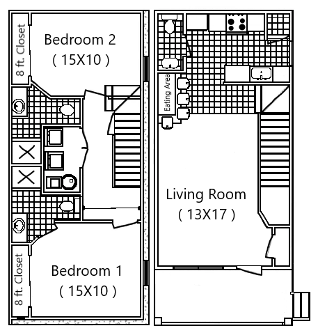 A black and white floor plan of a bedroom and living room.