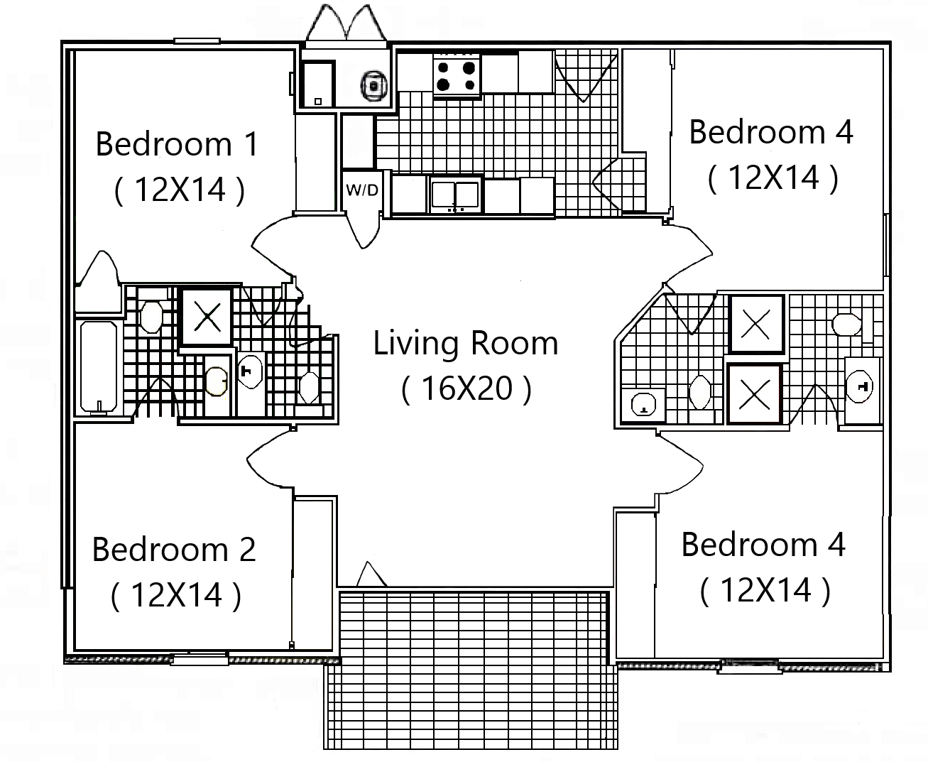 A black and white floor plan of a house with three bedrooms and a living room.