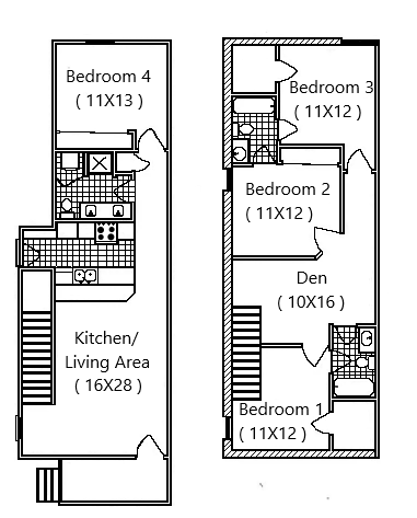A black and white floor plan of a house with bedrooms and stairs.