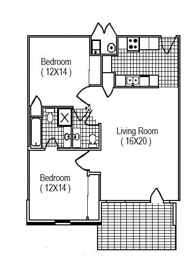 A black and white floor plan of a house with two bedrooms and a living room.