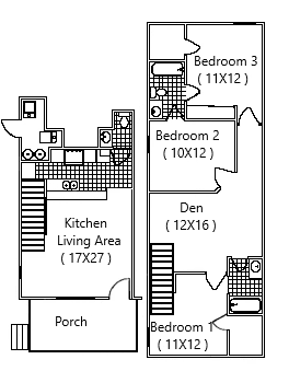 A black and white floor plan of a house with three bedrooms and a porch.