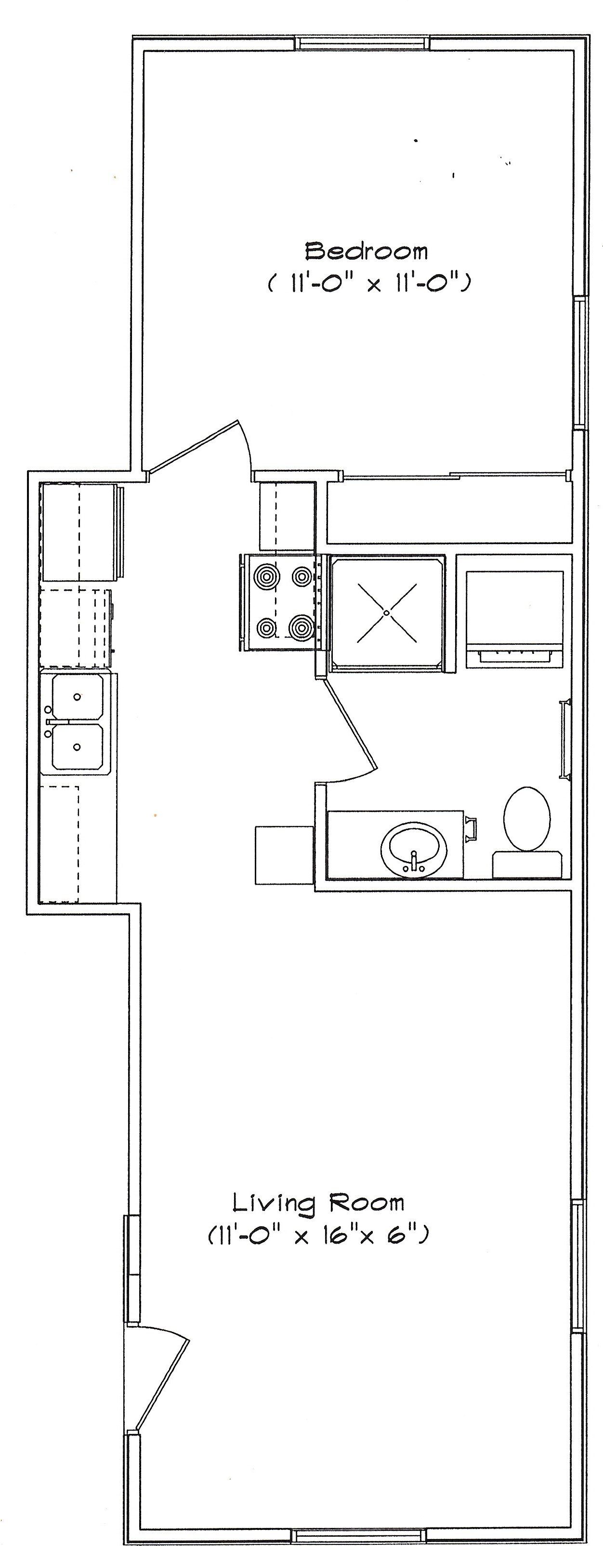 A black and white floor plan of a small apartment.