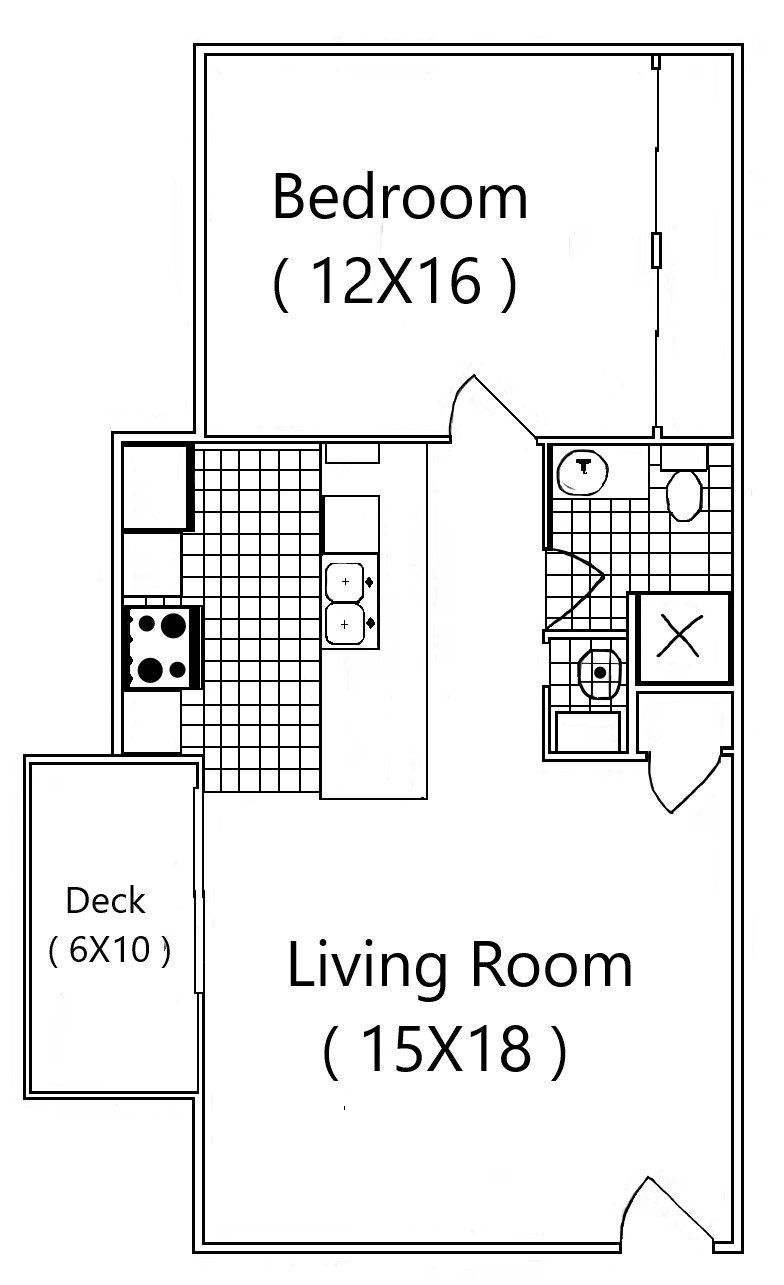 A black and white floor plan of a bedroom and living room.